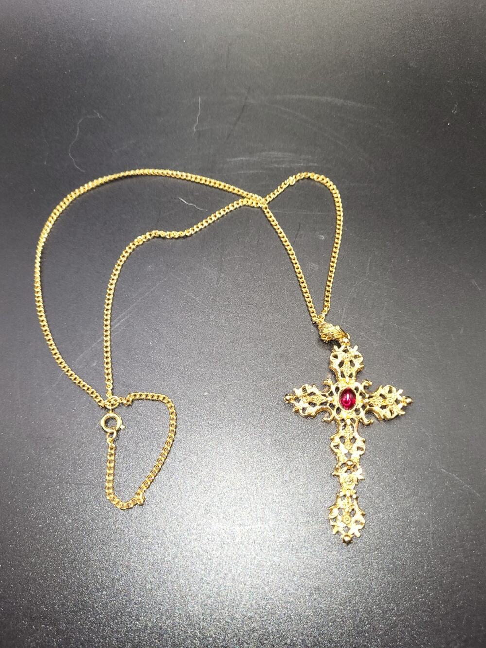 Avon Cross necklace goldtone red carbon stone